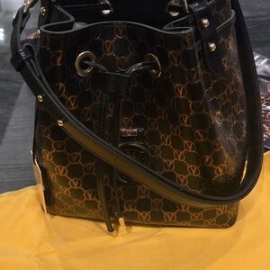 Valentino Black and Brown Shoulder Bag with Leather Trim